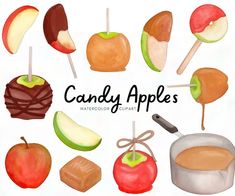 watercolor candy apples clipart set with apple slices, caramels and chocolate