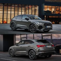 the new audi cayen suv is shown in two different photos, one with its hatchback