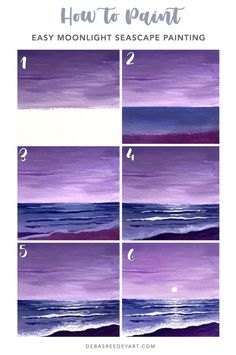 how to paint an ocean scene with purple and blue tones, step by step instructions