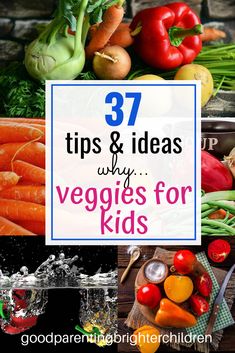 vegetables and fruits with the words 37 tips & ideas why veggies for kids