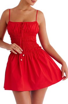 Be perfectly party-ready in this fiery frock cut in a stem-showing silhouette and shaped by sweet smocking. 31" length Hidden side-zip closure Square neck Adjustable straps Lined 100% cotton Dry clean Imported Red Fits, House Of Cb, Red Mini Dress, Types Of Skirts, Strap Dress, Girls Night Out, Long Skirt, Square Neck, A Line Skirts