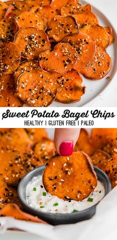 sweet potato bagel chips on a plate with ranch dip