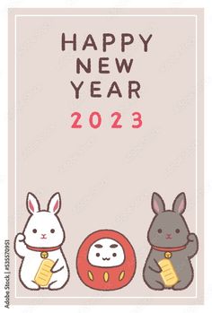 a happy new year card with three cartoon animals