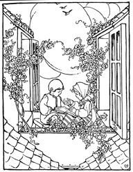 a black and white drawing of a person sitting on a bench in front of an open window