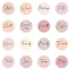 nine different types of handwritten font in pastel pinks and pales on white