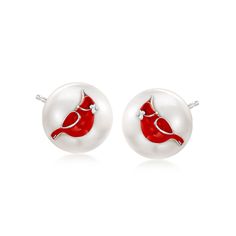 Ross-Simons - 8.5-9mm Cultured Pearl, Red Enamel Cardinal Stud Earrings in Silver. To many, cardinals are a sign of hope and blessings. Embrace those sentiments with these lovely 8.5-9mm cultured freshwater button pearl stud earrings topped with red enamel cardinals. Finished with sterling silver post/clutch backings. White pearl and red enamel cardinal stud earrings. Pearl birthstones are the perfect gift for June birthdays. Pearl Birthstone, June Birthday, Earrings Pearl, Pearl Stud Earrings, Pearl Studs, White Pearl, Cultured Pearls, Cardinals, Pearl White