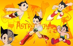 cartoon characters with different facial expressions and body shapes in front of an orange background that says astro