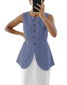 PRICES MAY VARY. Long Linen waistcoat for women summer:Linen blend fabric,lightweight and breathable High neck Linen long vest with pocket Feature: High neck ,longline,two pocket,button closure,sleeveless,Scoop hem,adjustable strap at the the back to cinch the waist. Linen vest for women going out:it suits any occasion like casual ,street,party,wedding,business casual business sleeveless vest:Style with the Pencil Skirt,Shorts,Linen pants. Long vest for women sleeveless,linen button vest for wom Waistcoat For Women, Linen Waistcoat, Shorts Linen, Button Vest, Women Summer Casual, Retail Inspiration, Vest For Women, Vest Style