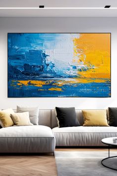 Original handmade abstract painting with vibrant blue and yellow colors, bold brushstrokes, and textured layers on canvas Textured Layers, Yellow Abstract, Vibrant Blue, Modern Home Decor, Blue And Yellow, Brush Strokes, Modern Home, Focal Point, Unique Pieces