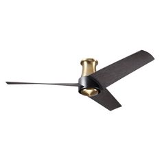 a black and gold ceiling fan on a white background with the blades pointing up to it's light