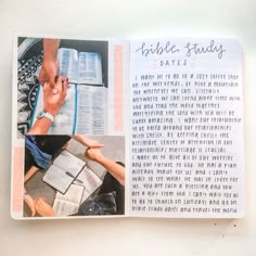 an open bible book with pictures of people holding hands and writing on the inside pages