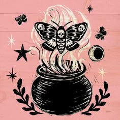 a drawing of a pot with a butterfly on it's head and some stars around it