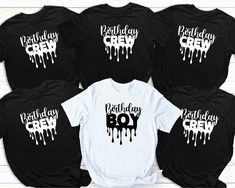 six birthday crew shirts in black and white with the words happy birthday crew on them