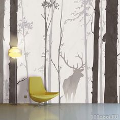 an animal is standing in the middle of a forest wallpapered with white and gray trees