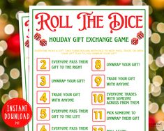 roll the dice holiday gift exchange game with red and green christmas lights in the background