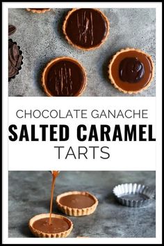 chocolate ganache salted caramel tarts with text overlay