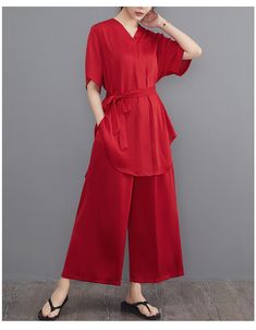 Sku CY-!120802 Material Cotton-blend Style Casual Feature Solid Color Neckline V-neck Occasion Going out , Casual , Vintage Seasons Spring, Summer, Autumn Type Suits Color Black, Red Size One size Size Chart: Please consult the size chart we provide for this item's measurements to help you decide which size to buy. Please note: There may be 1-3cm differ due to manual measurement. CM Bust Shoulder Sleeve Hip Shirt Length Pants Length One size 120 41 24 120 81-95 88 V-neck Workwear Sets For Summer, Casual V-neck Sets For Workwear, Red Wide Leg Summer Loungewear Pants, Red Full-length Wide Leg Pants For Summer, Red Wide-leg Relaxed Fit Pants, Red V-neck Loungewear Set, Red Wide-leg Pants With Elastic Waistband, Red Non-stretch Wide Leg Pants With Pockets, Wide Leg Pant Suit