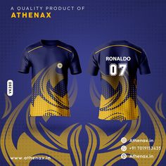 the front and back of a blue and gold soccer jersey with an abstract design on it