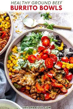 two bowls filled with healthy ground beef burrito bowls