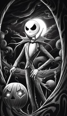 a drawing of jack skellingon holding a broom and pumpkin in front of a full moon