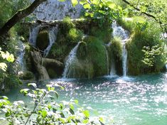 a small waterfall in the middle of a river surrounded by greenery and rocks with water cascading over it