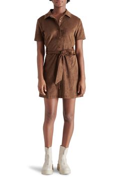 A buttery faux-suede fabrication elevates this day-to-night shirtdress designed in a leggy silhouette with a matching, waist-defining belt. 34" length (size Small) Front snap closure Spread collar Short sleeves Removable tie belt Unlined 88% polyester, 12% elastane Hand wash, dry flat Imported Beauty Balm, Lip Hair, Faux Suede Fabric, Loungewear Jumpsuit, Suede Fabric, Heels & Wedges, Girl Gang, Shirtdress, Sweater Blouse