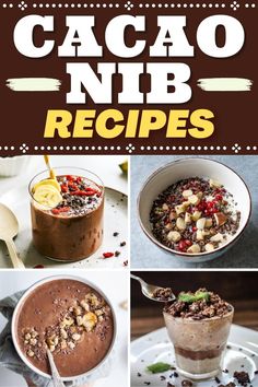 chocolate nib recipe collage with pictures of different desserts and toppings in them