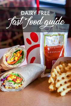 the dairy free fast food guide is open and ready to be eaten, along with fries