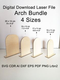 three wooden stands with measurements for each one, and the other four are shown in different sizes