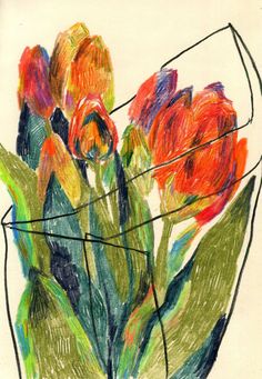 a drawing of tulips in a vase on a white paper with colored crayons