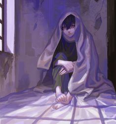 a painting of a person sitting on a bed with a blanket over their head and feet