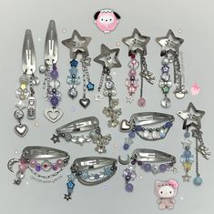 --New cute hairclips made with: reflective beads, czech glass mini stars, glass beads, freshwater pearls, natural shell stars, hematite, AB glass drops and a few resin beads + stainless steel chains + stainless steel charms + silver charms. Clips are nickel free ✧ 💌 🌎 Worldwide shipping via priority certified letter! |Misheka Gems, handmade with love ♡| Handmade Aesthetic, Beaded Hair Clips, Pastel Kawaii, Pastel Beads, Sweet Jewelry, Diy Jewelry Unique, Bracelets Design, Diy Bracelet Designs