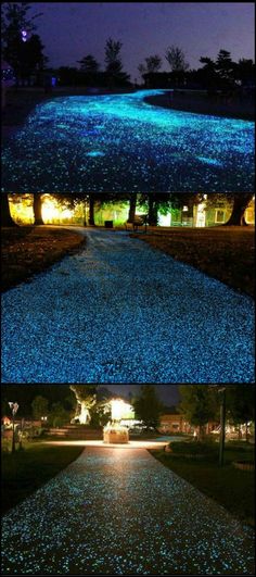 two pictures of the same path at night and one with blue lights on it in different directions