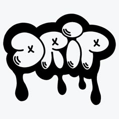 three black and white sheeps with faces drawn in the shape of drops of paint