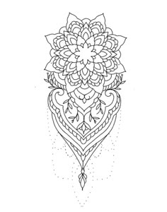 a black and white drawing of a flower with leaves on it's petals, in the shape of a heart