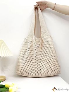 BirdinBag - Stylish Knitted Hollow Out Tote Bag - Perfect for Summer and Shopping. Cream Knitted Bag For Everyday Use, Cream Knitted Bag, Cream Knitted Everyday Bag, Knitted Tote Beach Bag For Daily Use, Beige Knitted Straw Bag For Daily Use, Knitted Tote Shoulder Bag For Daily Use, Rectangular Knitted Bag For Everyday Use, Everyday Rectangular Knitted Bag, Rectangular Knitted Straw Bag For Everyday Use