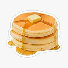 a stack of pancakes with butter on top and syrup flowing down the side, as if for breakfast