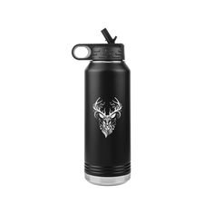 a stainless steel water bottle with a deer head on it