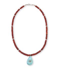 Pear-shaped larimar stone pendant strung onto hessonite garnet beads with aquamarine accents and silver lobster closure. Hoop Charms, Larimar Pendant, Larimar Stone, Hessonite Garnet, Elegant Color, Fall Accessories, Sterling Silver Necklace Pendants, Vibrant Blue, Fine Earrings