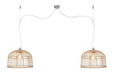 two hanging lights made out of bamboo and metal wire with one light on each side