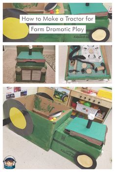 the instructions for how to make a tractor shaped farm dramatic play set with cardboard boxes