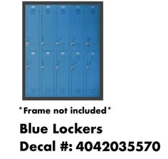 blue lockers with the words frame not included in black and white text below them