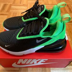 Super Comfortable Nike Air Max 270. Soft Cushioning With The Sock-Like Fit Of A Stretchy Inner Sleeve. These Are Truly Eye-Catching Color: Black/Chrome - Green Strike Size Is 7y Which Fits A 7 Men And An 8.5 Women Air Max 270 Black, Nike Air Max 270 Black, Black Nike Air Max, Chrome Green, Nike Air Max 270, Black Chrome, Cute Swimsuits, Nike Green, Air Max 270