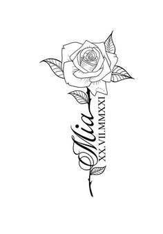 a black and white rose tattoo design with the word love written in cursive writing