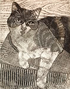 a black and white drawing of a cat sitting on top of a bed with a blanket