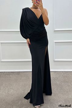 Olivia Mark - Formal Evening Gown with Unique Ruching and Blue Neckline Fitted Maxi Dress, Elegant Maxi Dress, Maxi Gown Dress, Bat Sleeve, Women's Evening Dresses, Black Evening Dresses, Split Dress, Style Party, Dresses Party