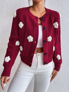 Burgundy Casual Collar Long Sleeve Fabric Floral Cardigan Embellished Slight Stretch  Women Knitwear Raglan Sleeve Cardigan, Crochet Unique, Everyday Casual Outfits, Crochet Ear Warmer, Crochet Booties, Floral Cardigan, Cardigan Outfits, Oversized Cardigan, Suit Designs