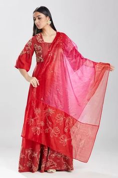 Shop for Megha Bansal Silk Chanderi Surkh Rama Zardozi Embroidered Anarkali Set for Women Online at Aza Fashions Chanderi Anarkali, Chelsea Collar, Red Anarkali, Red Kurta, Zardozi Work, Zardozi Embroidery, Embroidered Motifs, Flat Collar, Organza Dupatta