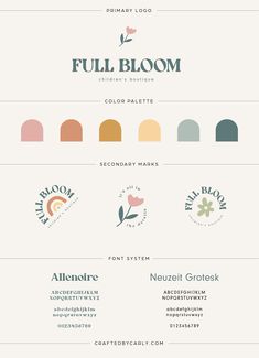 the full bloom logo is shown with different colors and font options for each type of item