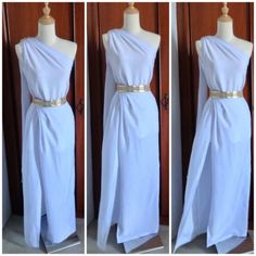 three pictures of a dress on a mannequin with gold belt around the waist